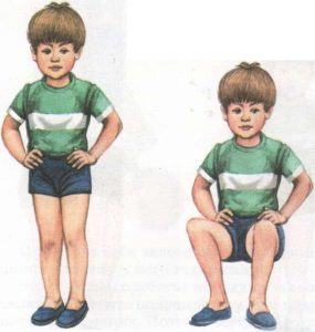 Выполнять приседания, держа руки на поясе.